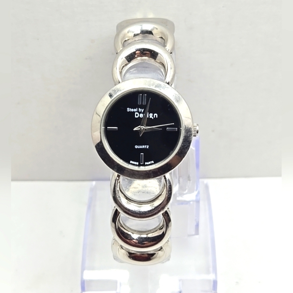 Womens Steel By Design QVC Swiss Watch Silver Tone Black Dial New Battery